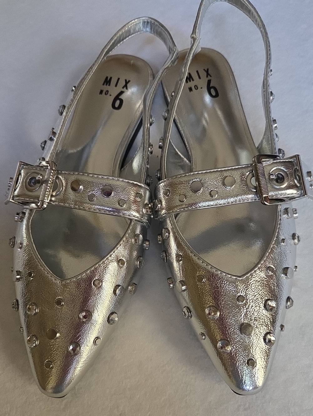 Mix No. 6 Metallic Silver Studded Pointed Slingback Mules